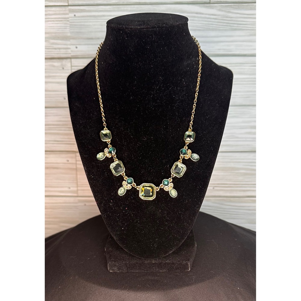 Roman Bib Necklace Green Excellent Gold Tone Crystal Statement RMN